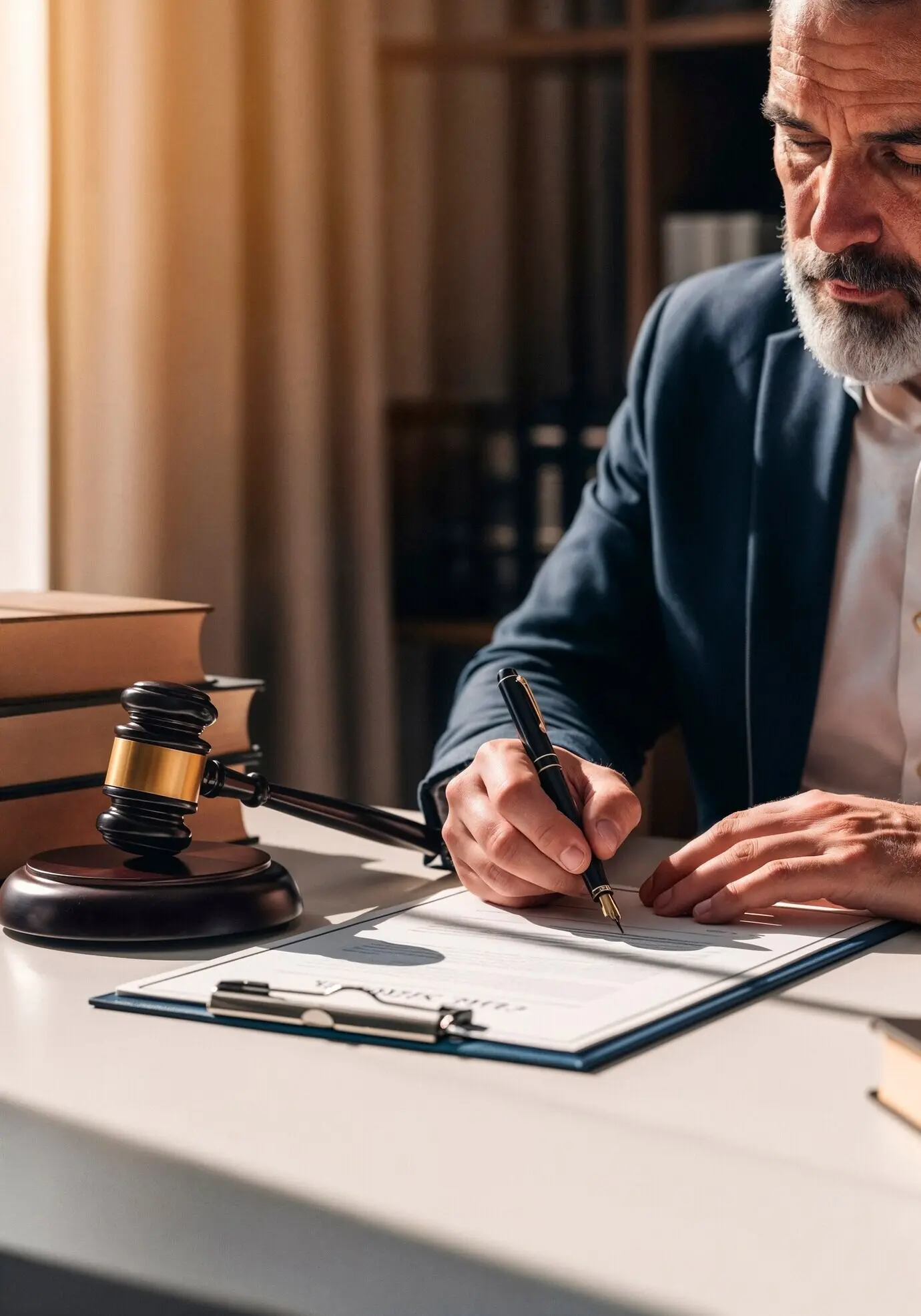 Юрист ставит подпись под юридическими документами.
